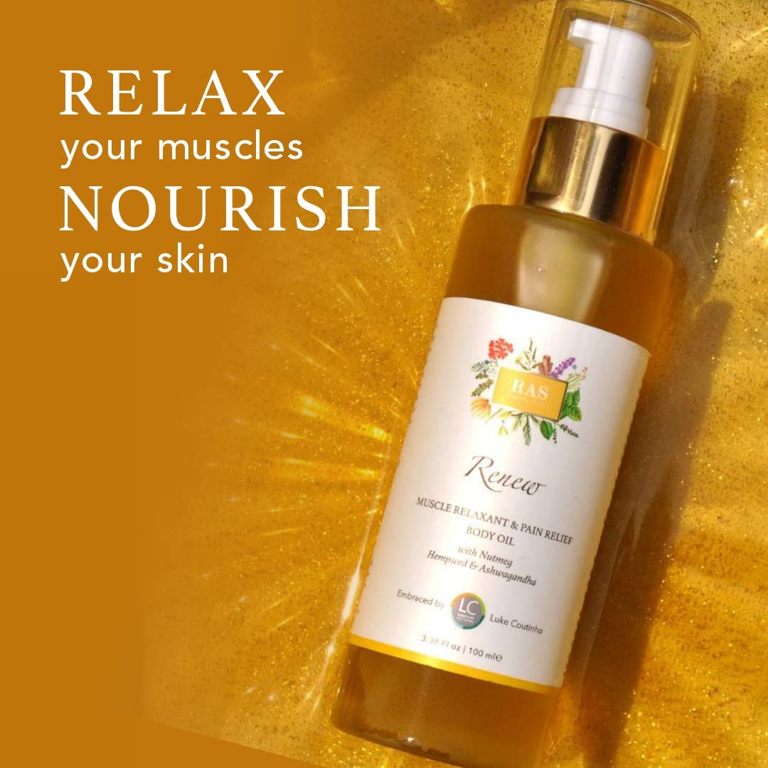RAS Luxury Oils Renew Muscle Relaxant & Pain Relief Body Oil For Joints & Muscular Pain | Improves Joint Mobility & Relax Muscles | Organic Sesame and Moringa Oil | Ashwagandha, 100ml
