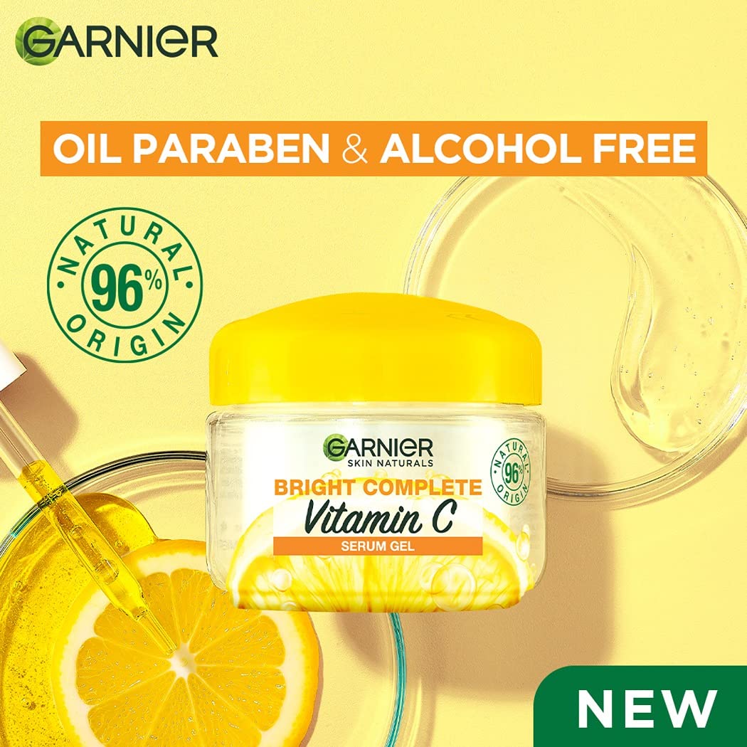 Garnier Skin Naturals, Night Cream, Anti-Dark Spots & Brightening, Bright Complete Vitamin C Yoghurt, 40 g & Garnier Brightening Moisturiser, Serum Gel, Infused with Vitamin C and Lemon, 45g