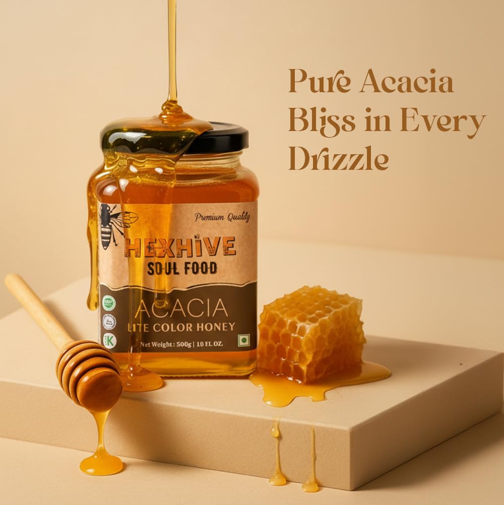 Hexhive Acacia Lite Colour Honey | Pure Organic Honey from Acacia Blossoms | Light & Mild Taste | Low Crystallisation | Natural Sweetener for Milk, Coffee, Tea, Breakfast | Octagon Glass Jar | 500g