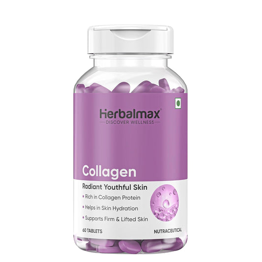 Herbalmax Veg Collagen Supplement Tablets â€“ 60N | 800mg Type 1, 2 & 3 Collagen | For Glow Skin, Hair, Nails, Joints & Bone Support | Enriched with Biotin & L-Glutathione