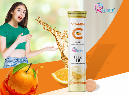 Vitamin C + Zinc, Fizz 15 Effervescent Tablets, Orange Flavour | 500mg (Pack of 1) | Supports Acne Free Skin for Women & Men | Rich in Antioxidants | Boosts Energy & Immunity