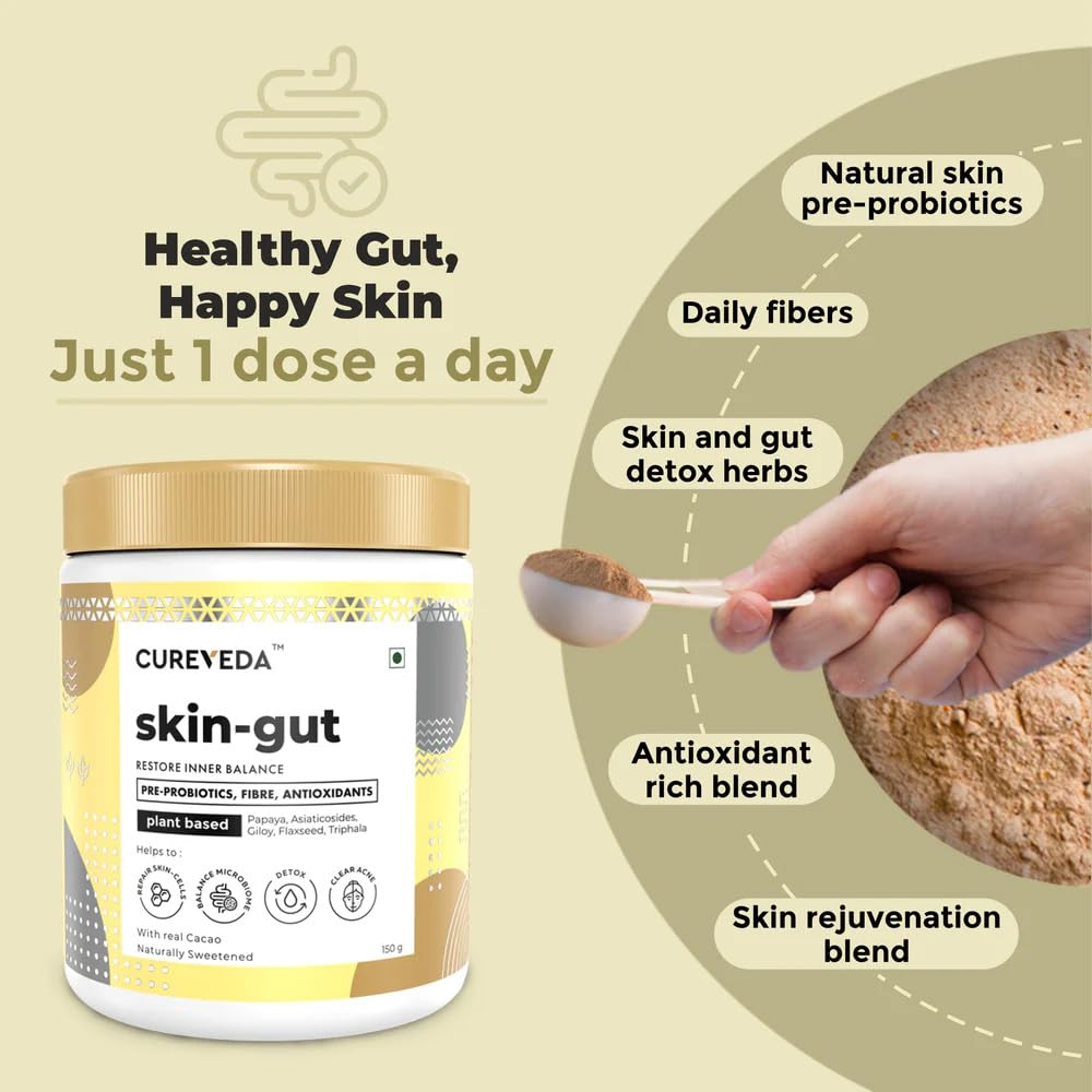 Cureveda SkinGut Pre & Probiotic Powder for Clear Skin | Supports Acne Control | Gut Health| Skin Detox | Plant-Based Formula with Antioxidants | No Added Sugar & Artificial Flavour(150 gm)