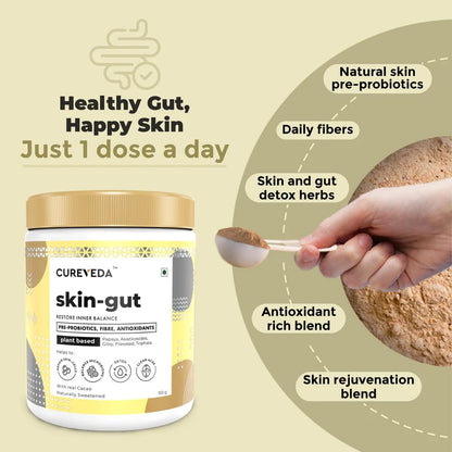 Cureveda SkinGut Pre & Probiotic Powder for Clear Skin | Supports Acne Control | Gut Health| Skin Detox | Plant-Based Formula with Antioxidants | No Added Sugar & Artificial Flavour(150 gm)