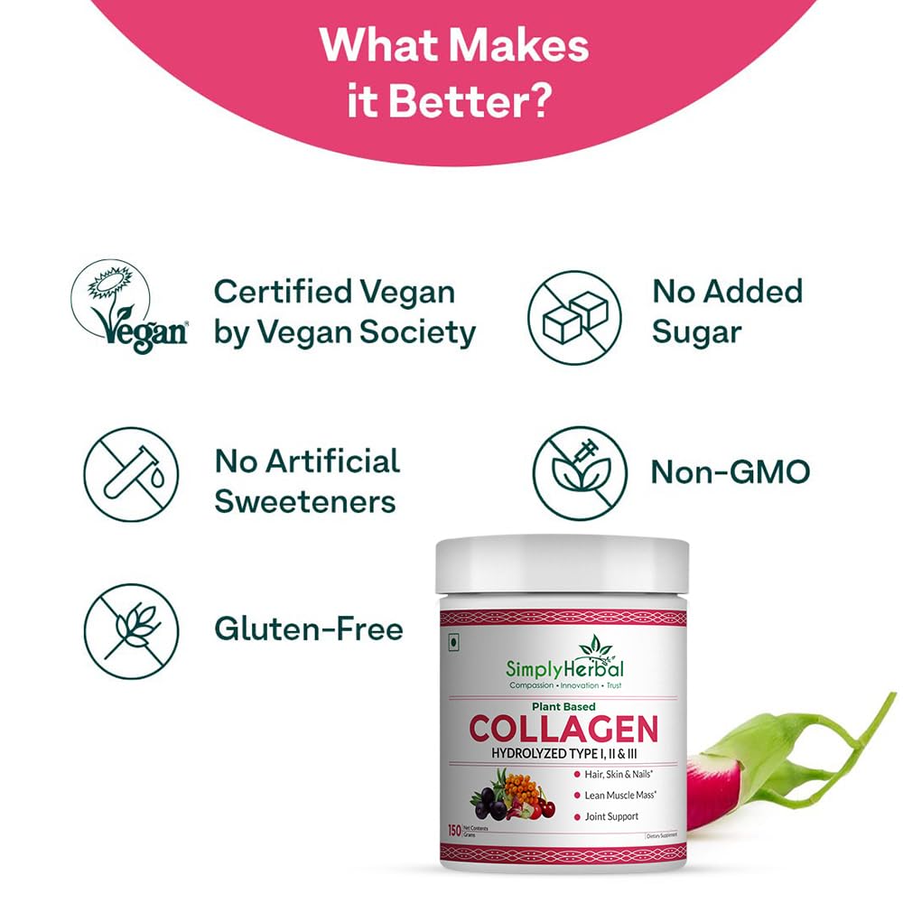 Simply Herbal Plant Based Collagen Powder Natural Peptide Builder Supplement Drink With Vitamin C, Silica, & Biotin For Skin Hair Nail Health Promote Bone Joint Function for Men & Women â€“ 150 gm