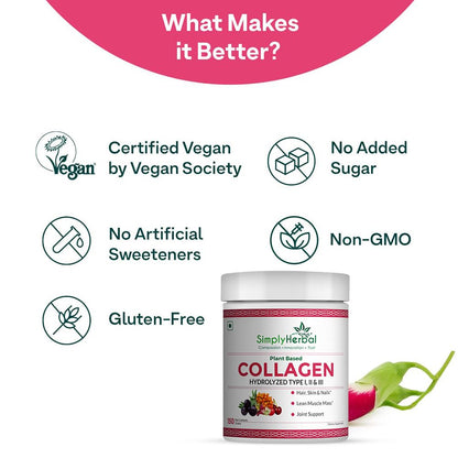 Simply Herbal Plant Based Collagen Powder Natural Peptide Builder Supplement Drink With Vitamin C, Silica, & Biotin For Skin Hair Nail Health Promote Bone Joint Function for Men & Women â€“ 150 gm