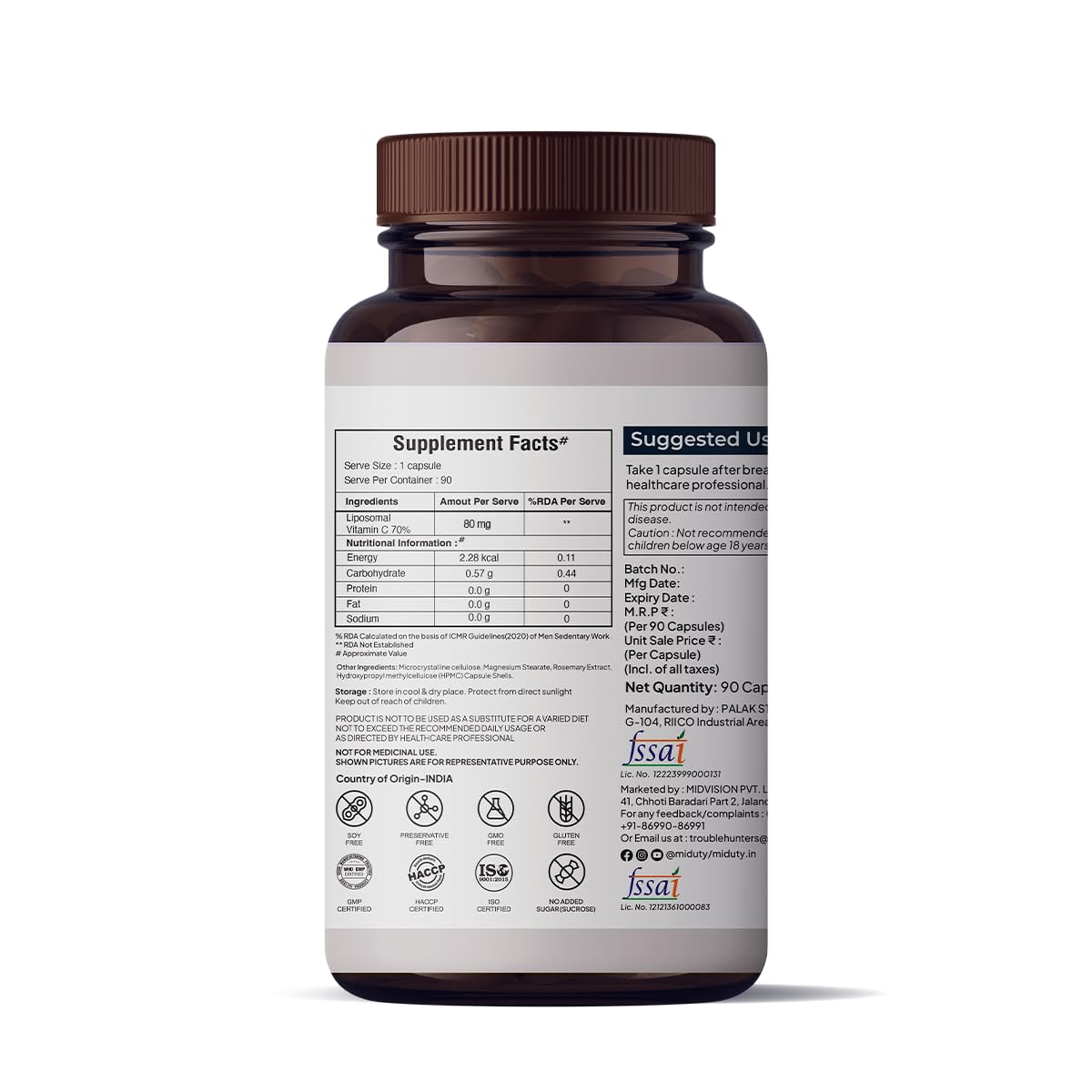 Miduty by Palak Notes Liposomal Vitamin C Supplement Bioavailability, Antioxidant Vitamin, Skin Rejuvenation & Immunity Booster Body Detoxification - Zeal Technology - 90 Capsules