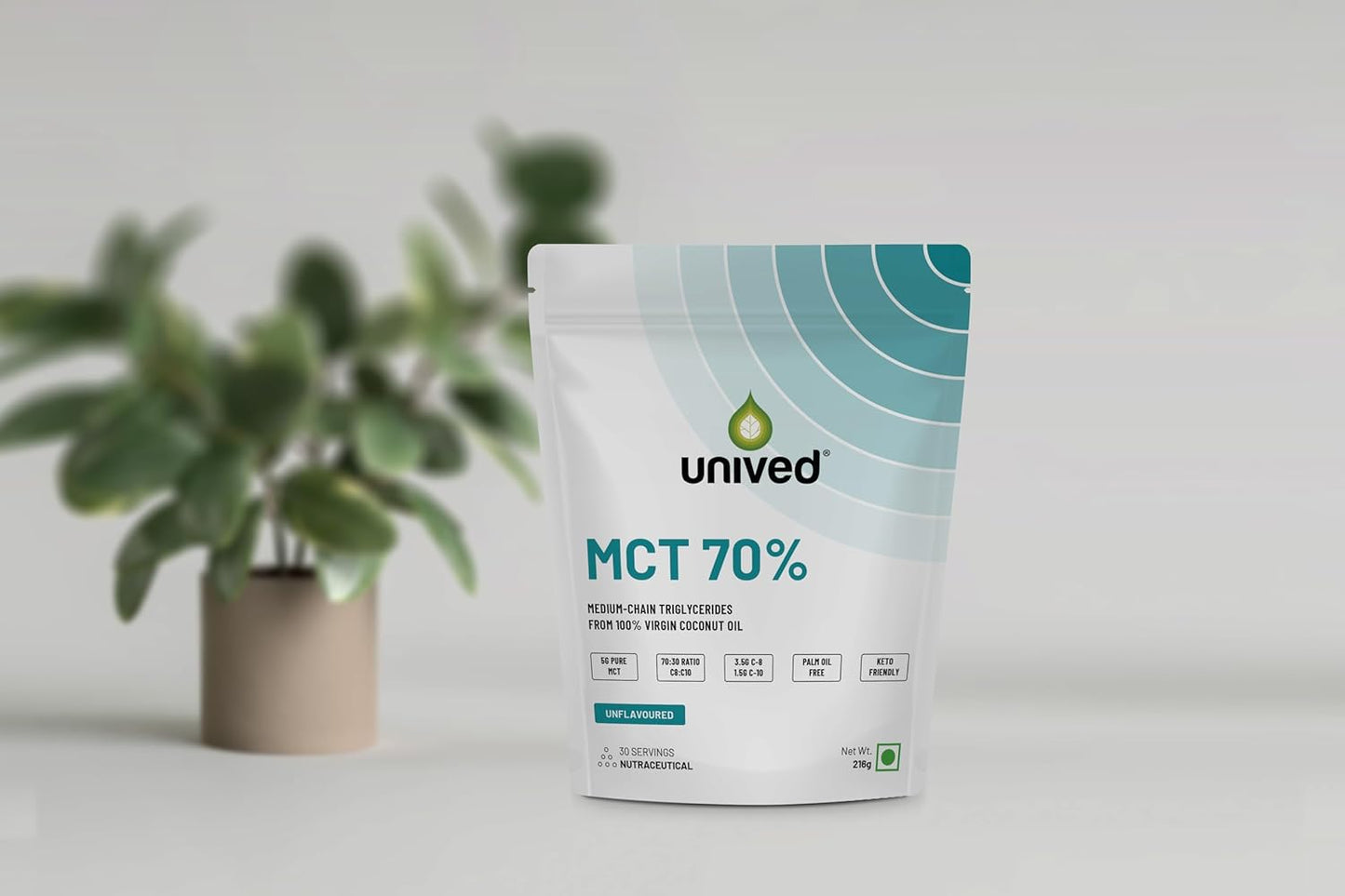 Unived MCT 70% | Medium Chain Triglyceride Oil Powder | Clean Energy Fuel | Pure MCT 5g with C-8: 3528mg & C-10: 1512mg in a 70:30 ratio | Vegan & Keto Friendly | 30 Servings