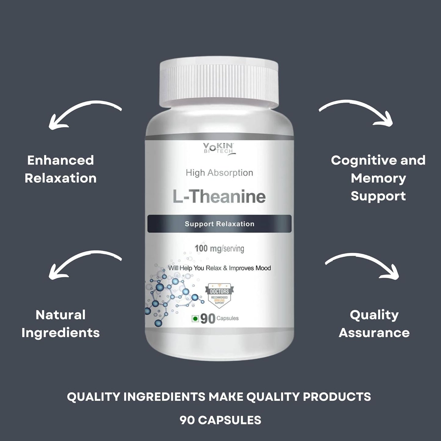 Vokin Biotech L-Theanine-Support Relaxation - 90 Vegetarian Capsules (Pack of 1)