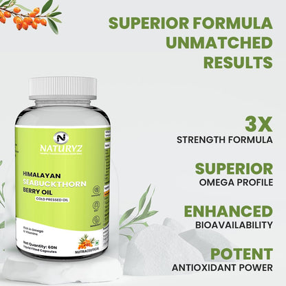 NATURYZ Himalayan Sea Buckthorn Berry Oil Triple Strength 1120mg | Cold-Pressed Vegetarian Omega 7 + Omega 3-6-9 | Skin Glow, Immunity & Gut Health Supplement | High Absorption | Non-GMOâ€“ 60 Liquid Fill Capsules