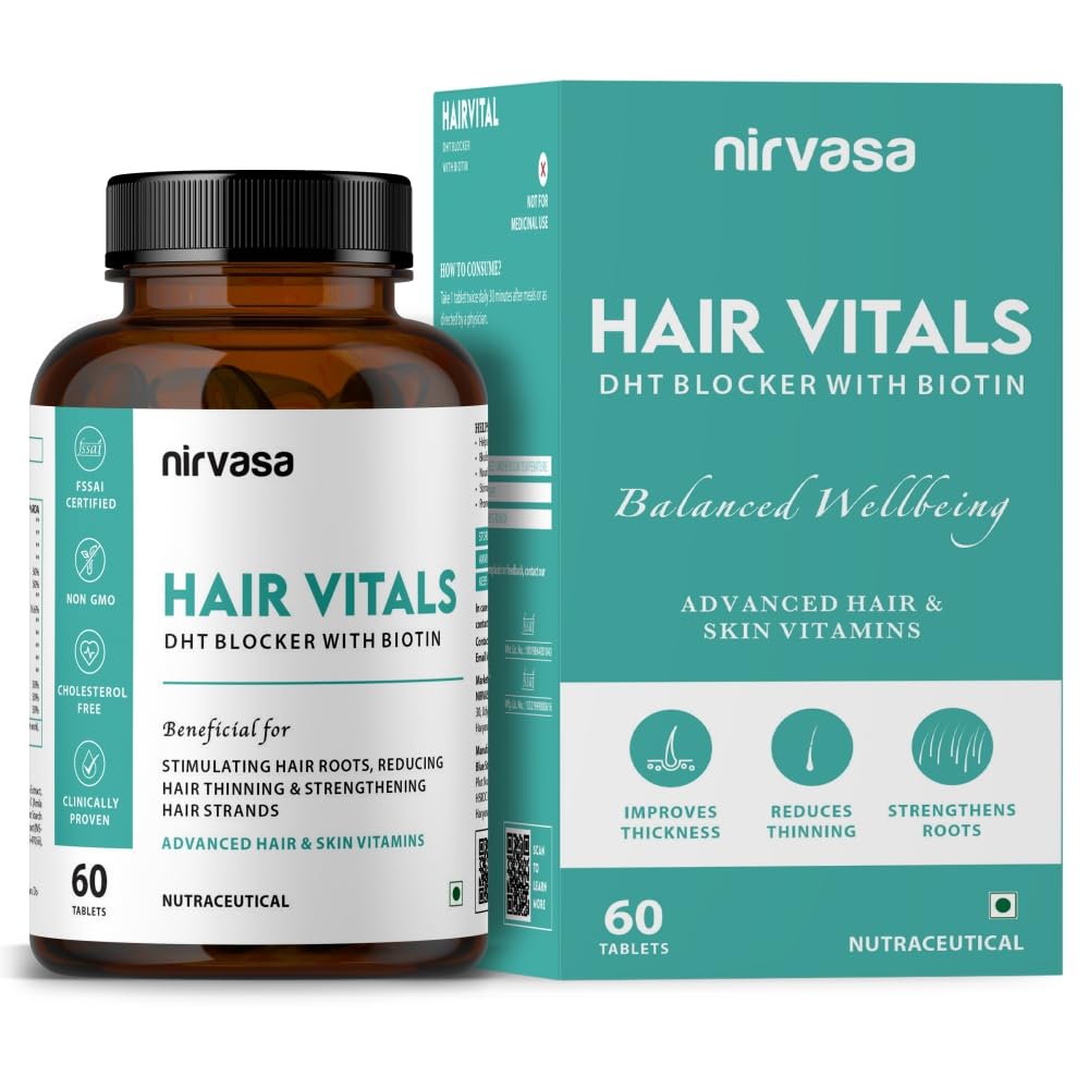 Nirvasa Hair Vitals DHT Blocker with Biotin (650mg) â€“ 60 Tablets | Supports Hair Growth, Strength & Thickness | Reduces Hair Fall & Breakage | With Beta-Sitosterol | For Men & Women