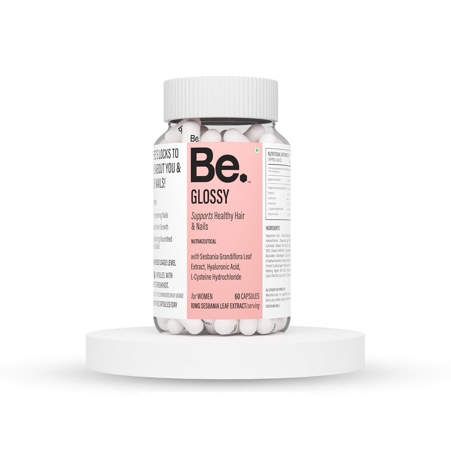 Be. Glossy Hair Supplements for Women | Biotin Tablets for Hair Growth & Nail Strength with Hyaluronic Acid, Vitamin E, Vitamin B12 Tablets & L-Cysteine | Hair & Nail Vitamins | 30 Day Supply | 60 Capsules