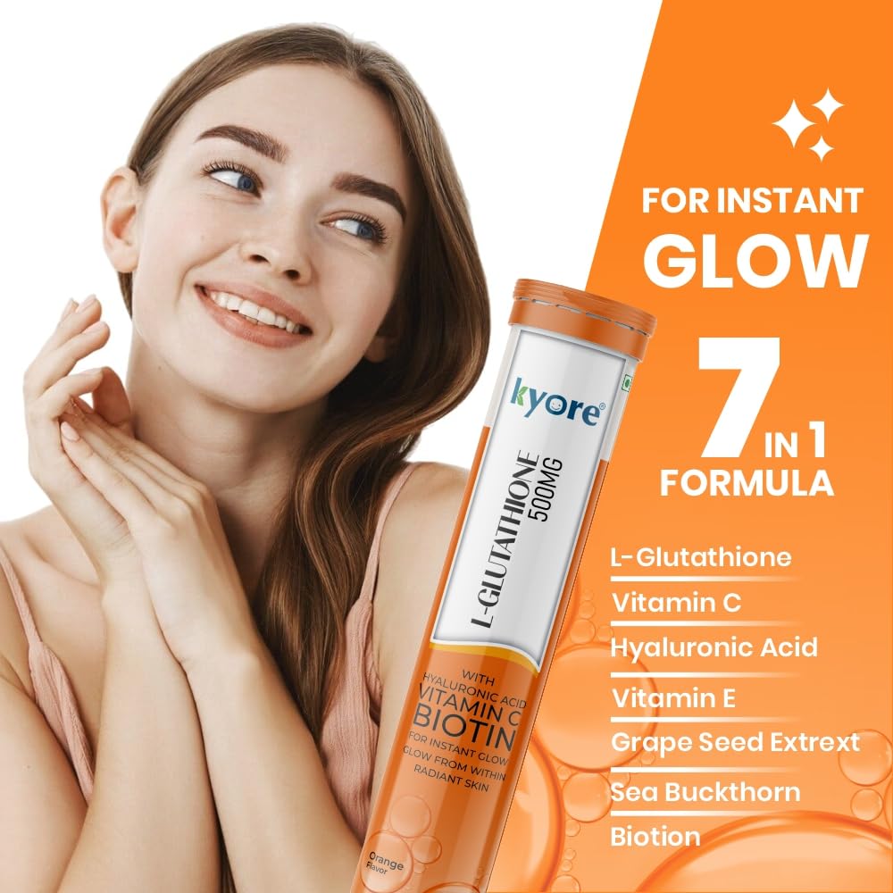 L-Glutathione Effervescent Tablet 500mg for Skin Health with Sea Buckthrone,Vitamin C, Hyaluronic Acid, Vitamin E & Biotin - Orange Flavour (Pack of 1)