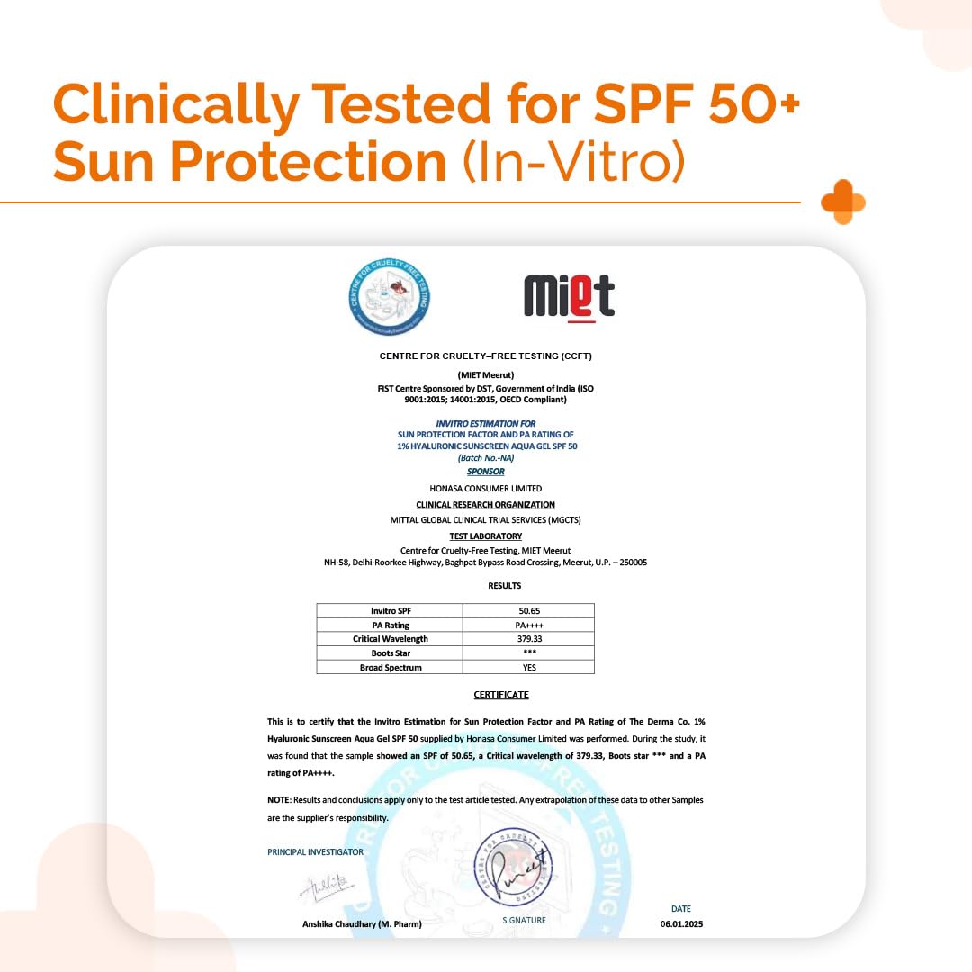 The Derma Co 1% Hyaluronic Sunscreen Aqua Gel SPF 50 PA++++ | Hydrating, Lightweight & Non-Greasy | No White Cast | Broad Spectrum & Blue Light Protection | Clinically Tested - (In-Vivo) | 80 g