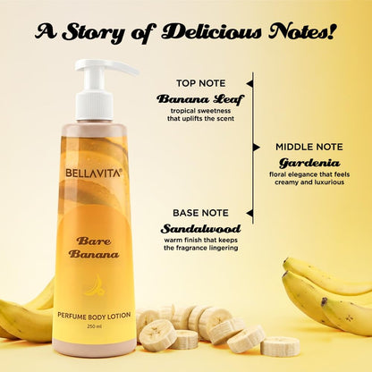 BELLAVITA Bare Banana | Perfume Body Lotion for Man and Woman | Long-lasting Hydration | Soft & Smooth Skin | Long-lasting Scent | Paraben-free | Infused with Cocoa Butter & Glycerin | 250ml