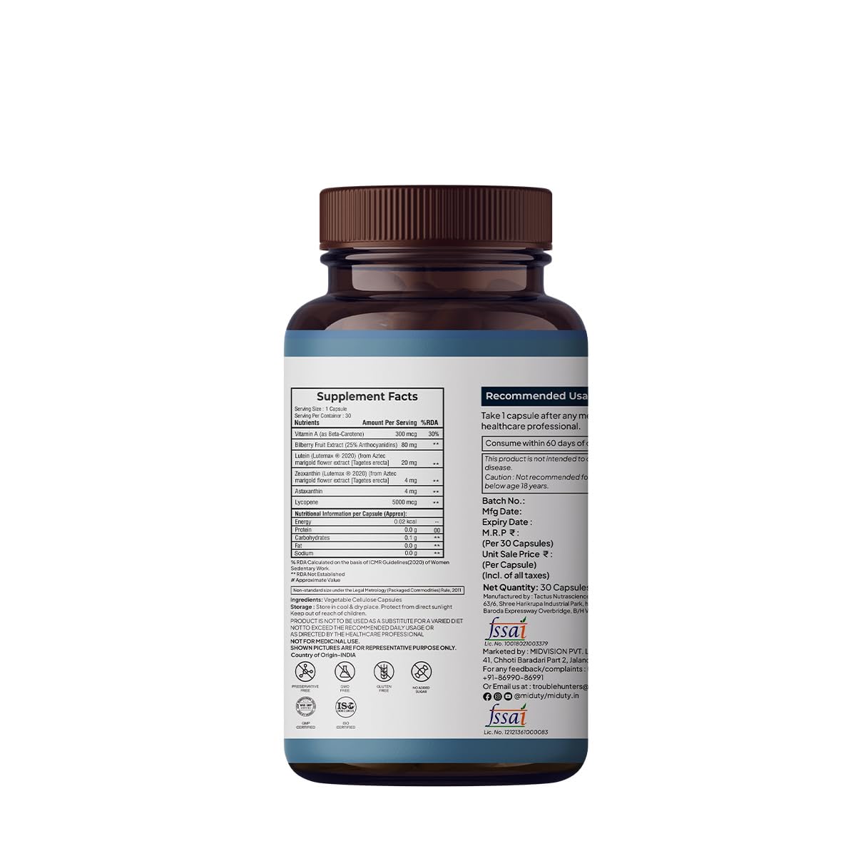 Miduty by Palak Notes Eye Vision Shield Supplement for Dry Eyes Bilberry Fruit Extracts, Lutein, Beta Carotene, Zeaxanthin, Astaxanthin, Lycopene - Eye Vitamin for Blurry Vision - 30 Capsules