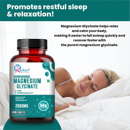 Pure Magnesium Glycinate - Maximum Strength Chelated Magnesium Supplement for Women and Men for Muscle Cramps, Sleep Support and Nerve Health- 2000mg Per Serving, 120 Vegetarian Tablets