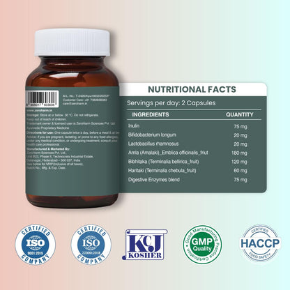 ZEROHARM Gas Relief Capsules | Ayurvedic Preâ€‘Probiotic & Digestive Enzymes Blend with Triphala (Amla, Haritaki, Bibhitaki) | Eases Digestion, Bloating, Gas Relief & Acidity | Men & Women | 60 Capsules