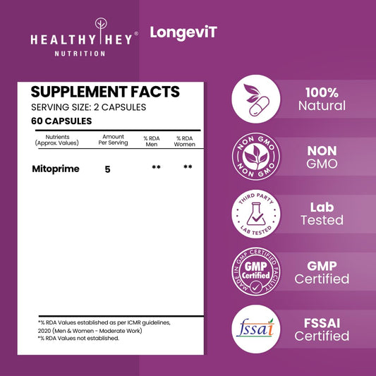 HealthyHey Nutrition LongeviT - MITOPRIMEÂ® - Support Skin Health - 30 Vegetable Capsules