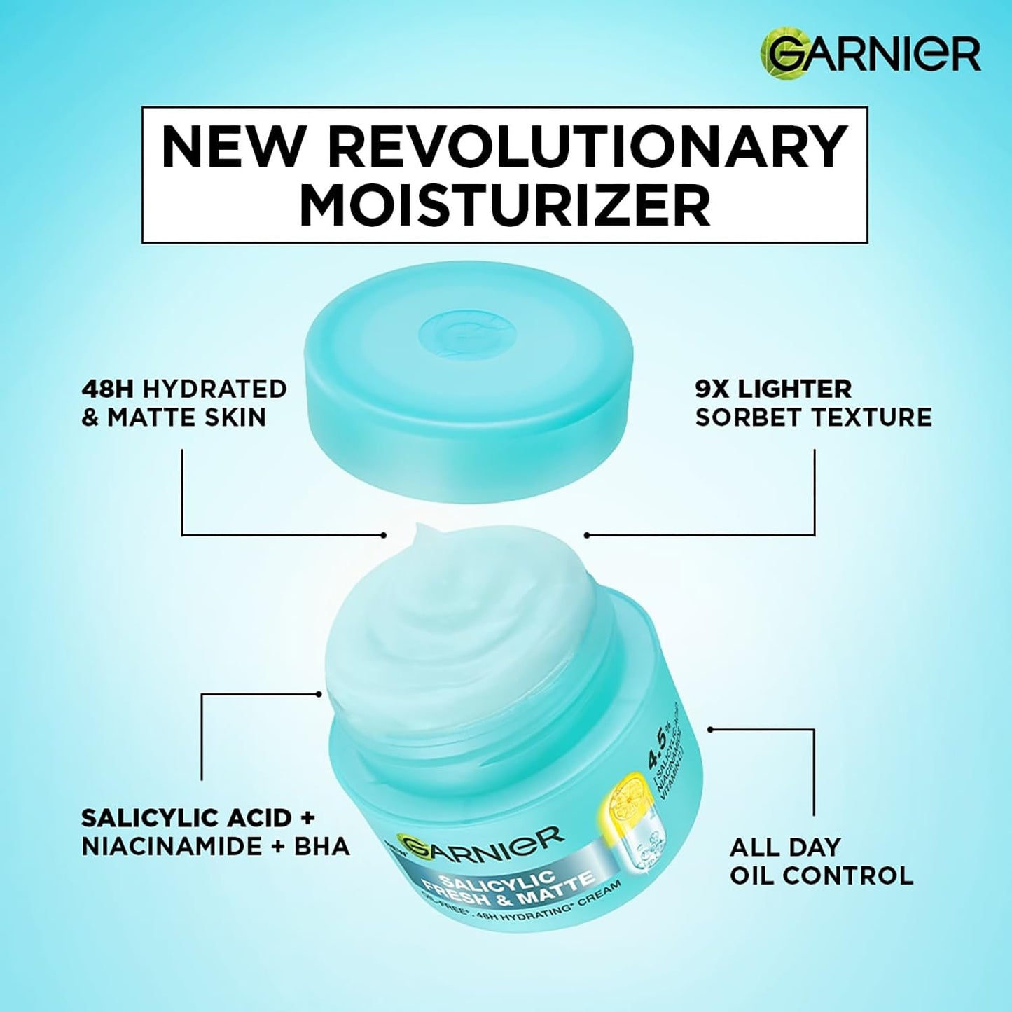 Garnier Fresh & Matte Salicylic Acid Sorbet Moisturizer Cream, Salicylic Acid + Niacinamide + Vitamin C, 9x Lighter Sorbet Cream, For Hydration & Oil Control, Suitable for Oily to Normal & Combination Skin, 90g