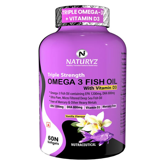 Naturyz Vanilla Flavoured Triple Strength 2500mg Omega 3 Fish Oil with Vitamin D3|Highest Strength 2000 mg Omega 3 Per Serving (EPA 1200mg DHA 800mg) Deep Sea Fish Oil for Unisex-60 Capsules,100 grams