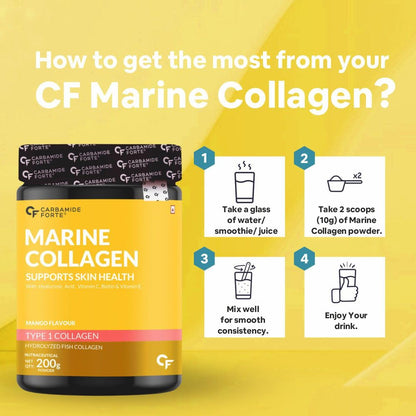 Carbamide Forte Marine Collagen Powder Supplement - for Skin Fish Collagen Powder for Women & Men - 200 Grams Powder - Alphanso Mango Flavour