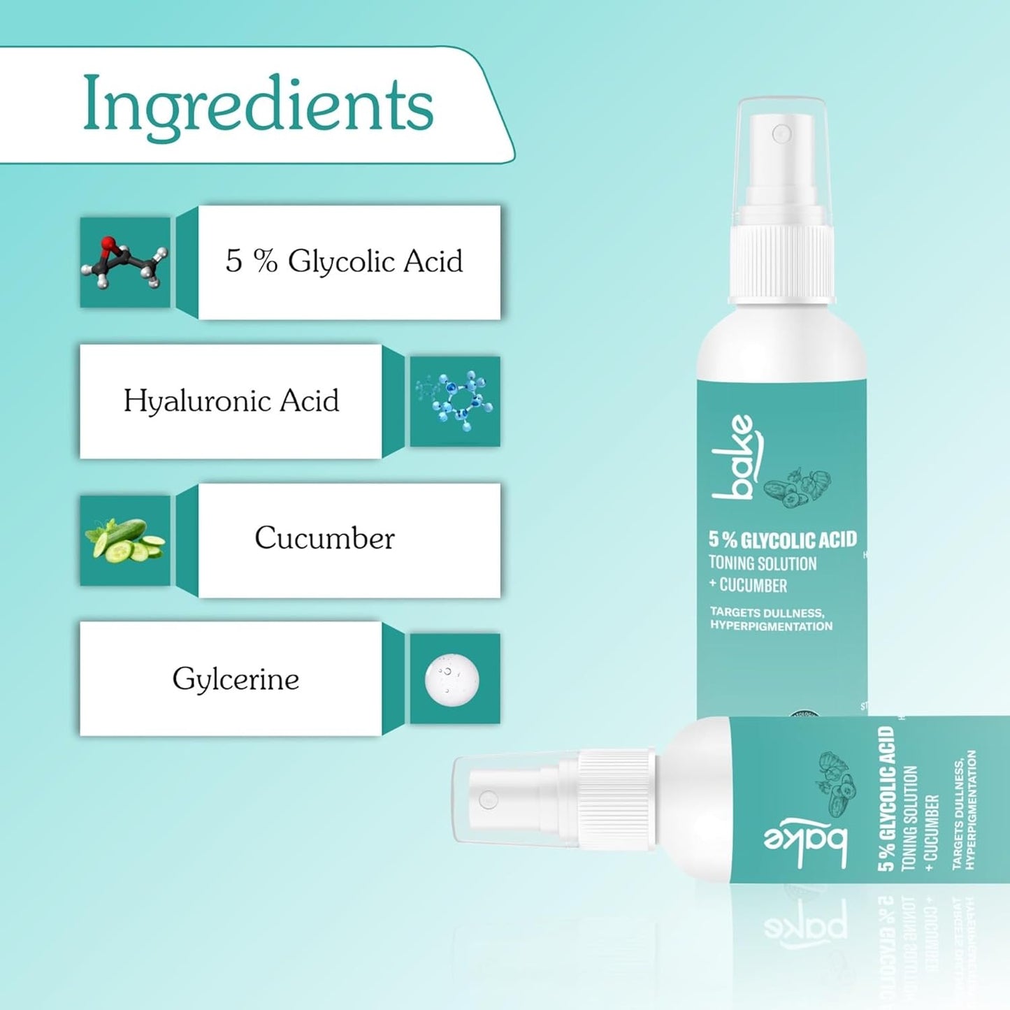 BAKE 5% Glycolic Acid Toner with Hyaluronic Acid for Pigmentation, Tan Removal & Pore Tightening | For Combination skin, Oily, Acne Prone skin | Glowing & Brightening Skin | 100ml