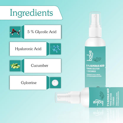 BAKE 5% Glycolic Acid Toner with Hyaluronic Acid for Pigmentation, Tan Removal & Pore Tightening | For Combination skin, Oily, Acne Prone skin | Glowing & Brightening Skin | 100ml