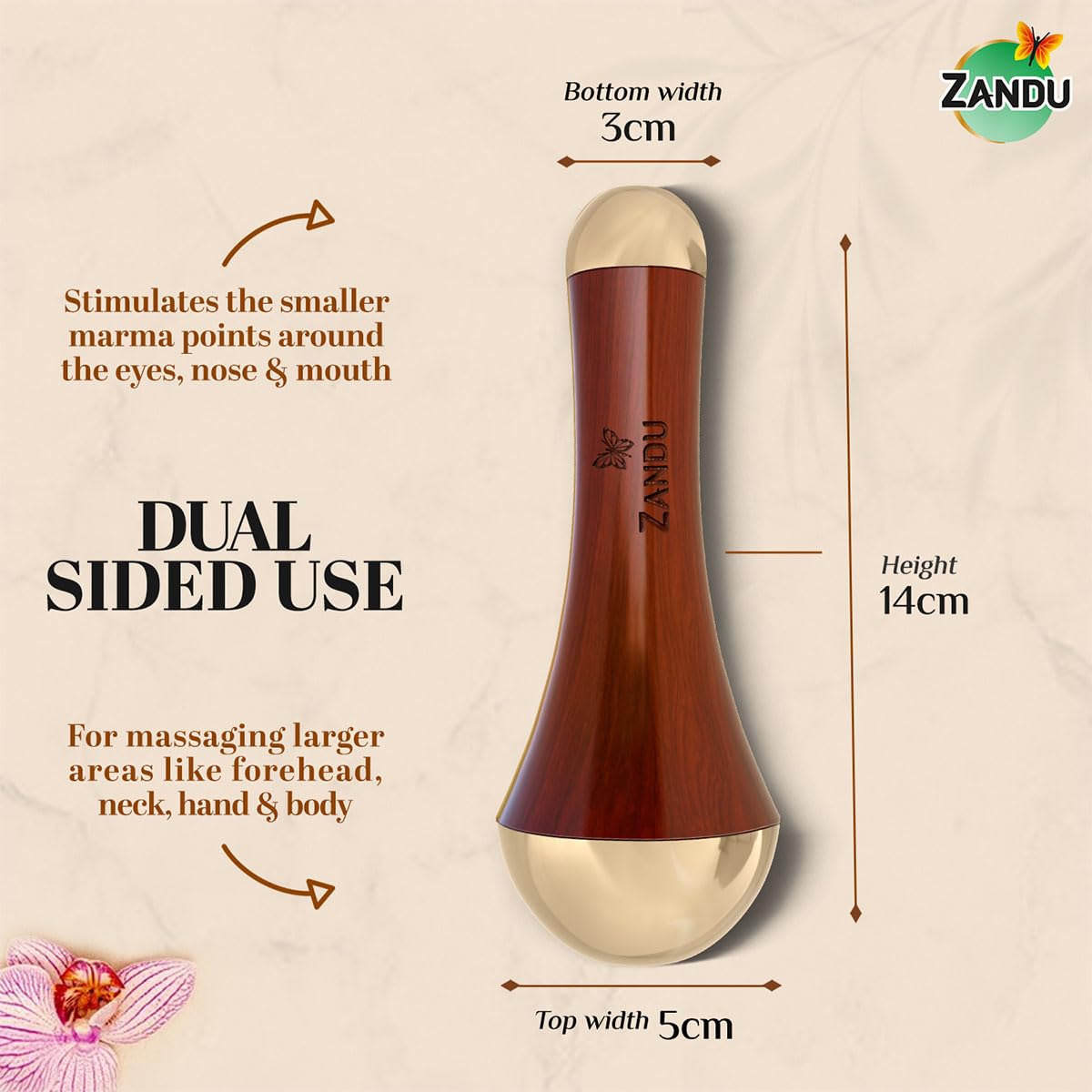 Zandu Ayurvedic Dual Sided Kansa Wand Massager | 100% Bronze & Teakwood handleâ€“ Portable Face, Neck, Body & Foot Massager | Promotes Relaxation & Improves Blood Circulation | Face Yoga Wellness Tool