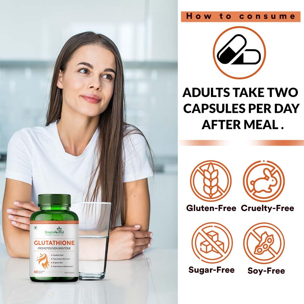 Simply Herbal L Glutathione 1000mg Capsules With Vitamin C & E for Immune Support, Healthy Radiant Skin Glowing, Antioxidant Support, Grape Seed Extract & Biotin - 60 Veg Capsules, 80 grams