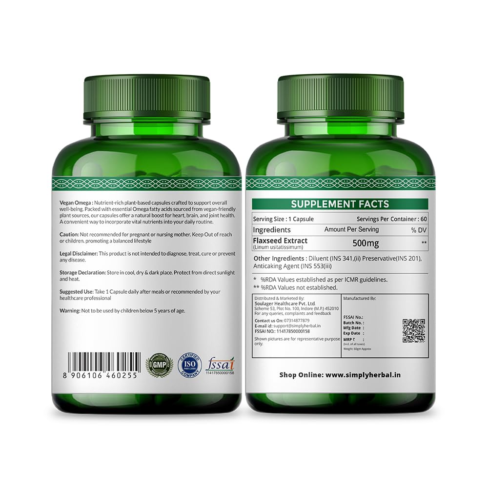 Simply Herbal Organics Pure Vegan Omega 3 6 9 Capsules 500mg Supplement Triple Strength Flaxseed, DHA for Heart, Joint & Brain Health, Immunity Booster - 60 Capsules