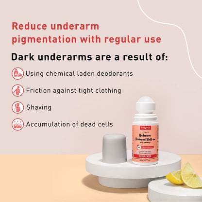 Sirona Underarm Roll On -50 ml (Pack of 1) | with 0.5% Prebiotic, 0.5% Niacinamide & 0.1% Hyaluronic Acid | Prevents Body Odour & Exfoliates Underarms | Lemon Fragrance | Alcohol & Aluminium Free