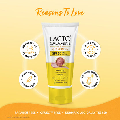 Lacto Calamine Sunscreen SPF 50 | 100g | PA ++++ Sunscreen For Oily Skin | UVA â€“ UVB | Water Resistant & No White Cast | With Kaolin Clay, Vitamin E & Lemon Extracts | Paraben Free