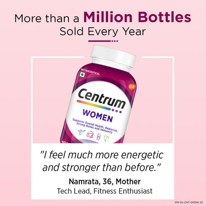 Centrum Women, World's No.1 Multivitamin with Biotin, Vitamin C & 21 vital Nutrients for Overall Health, Radiance, Strong Bones & Immunity (Veg) Pack of 30 Tablets