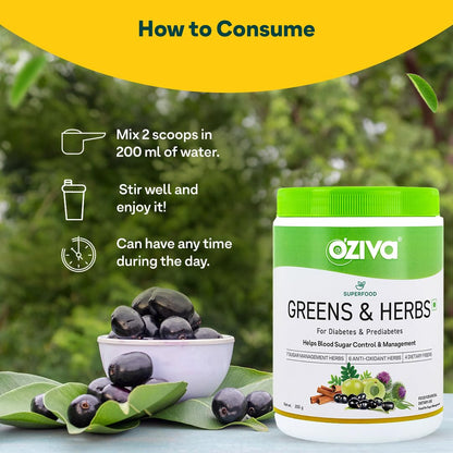 OZiva Superfood Greens & Herbs for Diabetes and Prediabetes Powder, 200g| OZiva Greens & Herbs for Sugar Control and Diabetes Management (with Moringa, Milk Thistle, and Fenugreek)