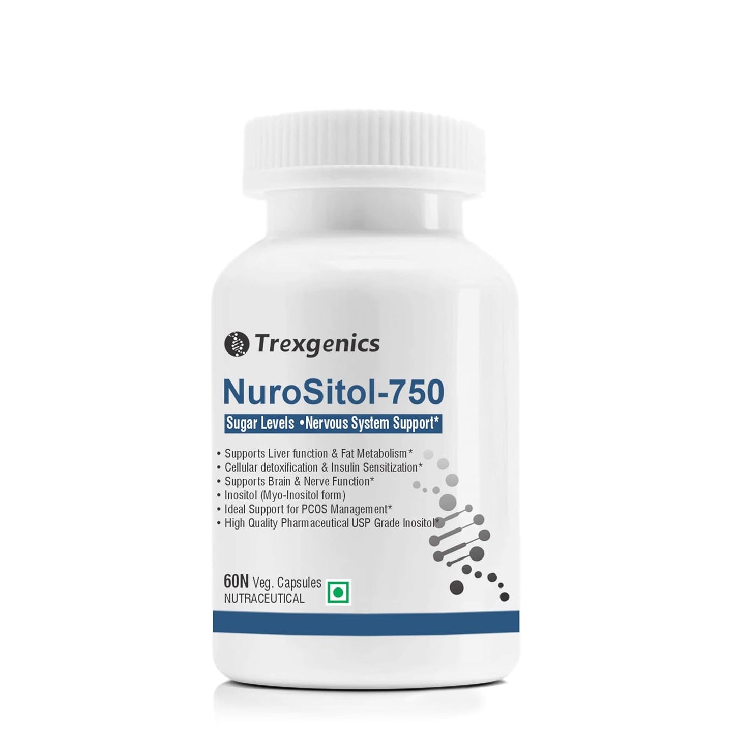 TrexgenicsÂ® NUROSITOL-750 Inositol-750 mg Pharmaceutical High Density Grade Nervous System, Cognition, Brain & Insulin Support(60 Veg. Capsules) (1)
