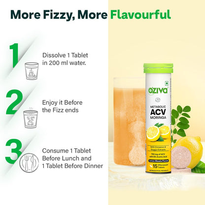 OZiva ACV Moringa | Control Cravings I Apple Cider Vinegar, Cinnamon, Guggul I No Maltodextrin & No Added Sugar I 15 Effervescent Tablets - Lemon Masala, Pack of 2 (30 Tablets)