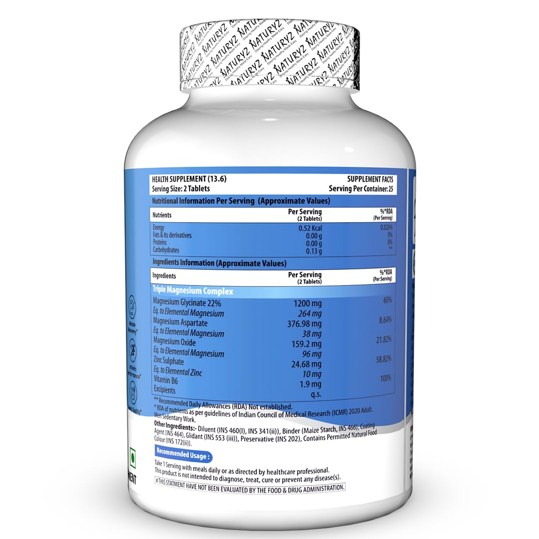 NATURYZ Triple 3-in-1 Magnesium Complex 1736mg (Glycinate, Aspartate & Oxide) with Zinc for Maximum Absorption | Supports Stress Relief, Sleep, Muscle Recovery, Nerves, Joints & Cognition - 50 Tablets