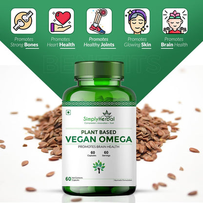 Simply Herbal Organics Pure Vegan Omega 3 6 9 Capsules 500mg Supplement Triple Strength Flaxseed, DHA for Heart, Joint & Brain Health, Immunity Booster - 60 Capsules