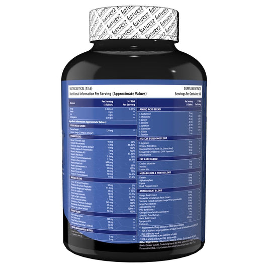 NATURYZ Daily Multivitamin Men 18+ with Highest 60 Nutrients (Vitamins, Minerals, Amino acids, Enzymes, Antioxidants, Herbal Extracts with Omega 3) and 11 Performance Blends for Muscle growth, Strength & Immunity- 60 Tablets