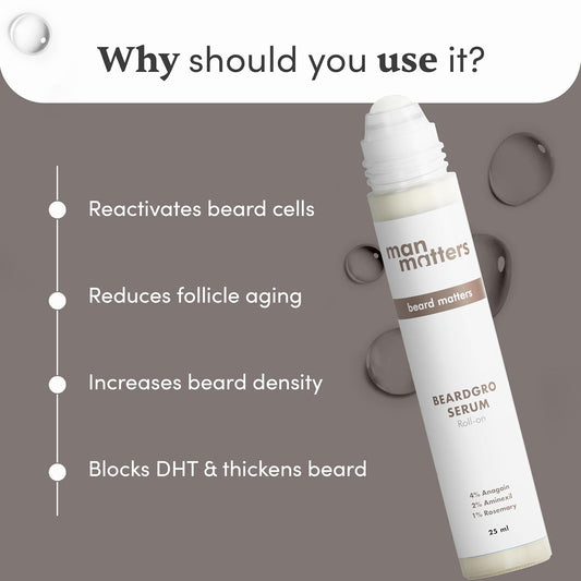 Man Matters BeardGro Serum Roll On 25ml | 4% Anagain, 2% Aminexil & 1% Rosemary | For Stronger, Fuller & Thicker Beard | Solves Uneven & Patchy Beard | Lightweight, Fast Absorption