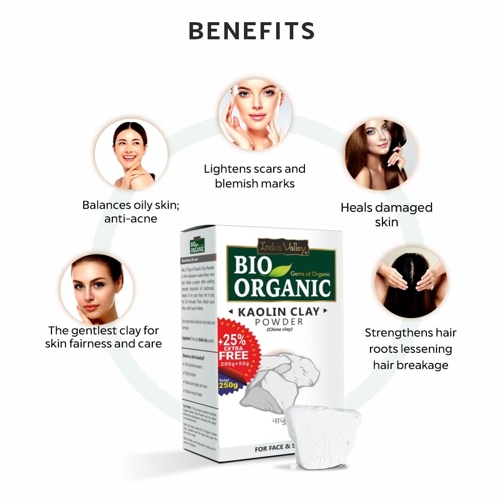 INDUS VALLEY Bio Organic Kaolin Powder | China clay For Skin Face Mask - (200g+50g)