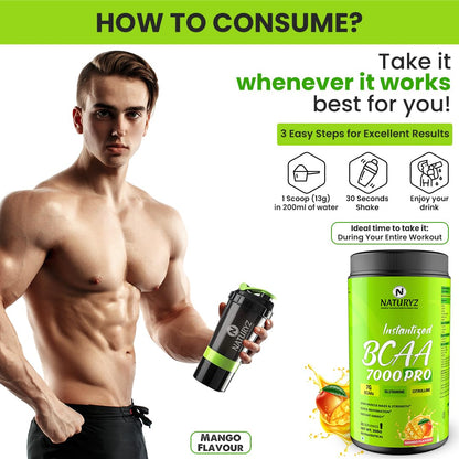 NATURYZ Instantized BCAA 7000 PRO |7G Vegan BCAAs | Glutamine | Citrulline | Electrolytes | 0 Added Sugar | Powerful Pre/Post & Intra Workout Amino for Lean Muscle Growth, Strength, Quick Re-Hydration & Instant Energy - 300g(Mango)