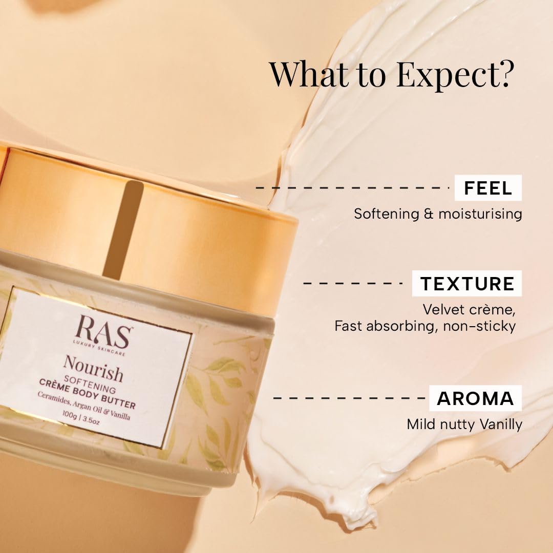 Ras Luxury oils Nourish Softening Creme Body Butter with Argan Oil & Shea Butter | 24 Hour Long Lasting Hydration | Non-Greasy, Quick Absorbing Nourishing Moisturizer For All Skin Type, 100gm