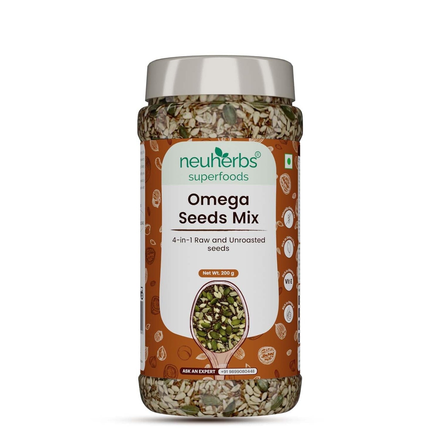 Neuherbs Omega-3 Fiber 4-in-1 raw & Unroasted seeds mix 200g | Diet snacks | Super Seeds Mix For Eating | Healthy Food For Weight Management, Heart,Good Skin