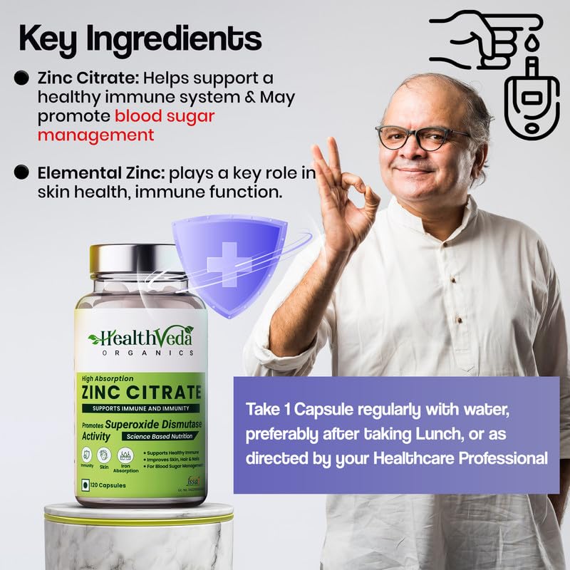 Health Veda Organics Zinc Citrate | Supports Immune and Immunity | Healthier Skin, Hair & Nails | Improves Iron Absorption | 120 Veg Capsules | For Both Men & Women
