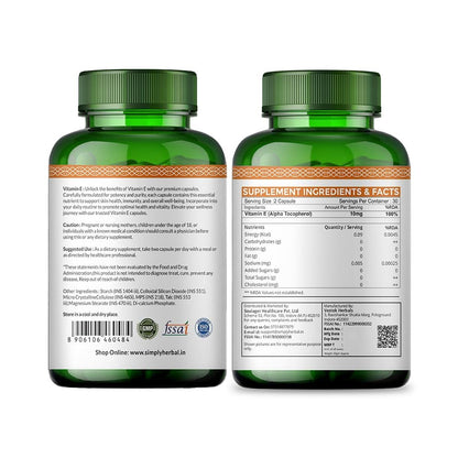 Simply Herbal Plant Based Vitamin E 10mg Capsules for Glowing Skin and Strong Hair | Vitamin E - 60 Capsules