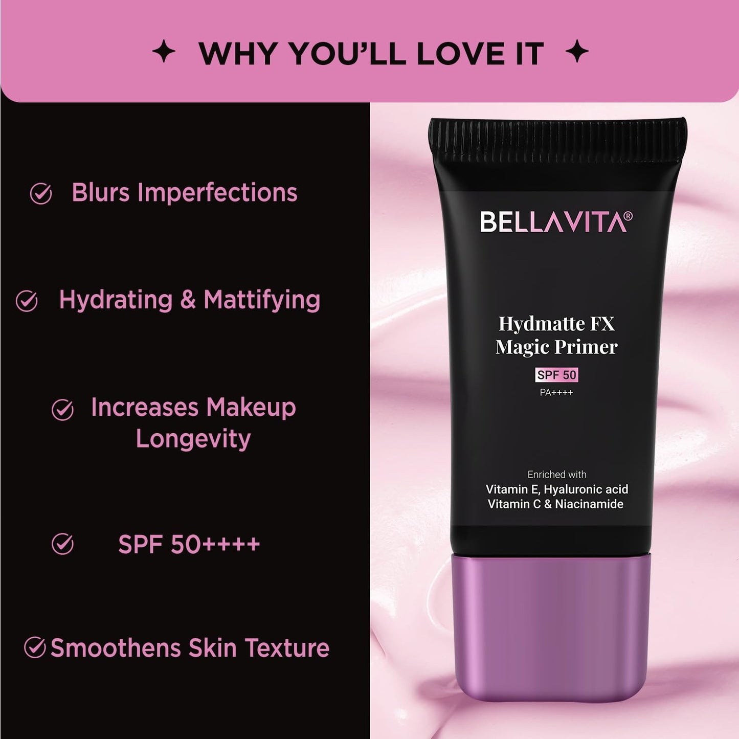BELLAVITA Hydmatte FX Magic Primer | SPF 50 | Blurs Imperfection | Hydrates Skin | Lightweight Formula Hide Pores | Matte Finish & Oil-Control Primer | Water-Proof & Smoothening | Long-Lasting | 20gm