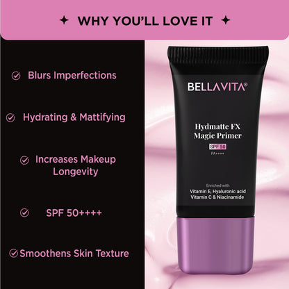 BELLAVITA Hydmatte FX Magic Primer | SPF 50 | Blurs Imperfection | Hydrates Skin | Lightweight Formula Hide Pores | Matte Finish & Oil-Control Primer | Water-Proof & Smoothening | Long-Lasting | 20gm