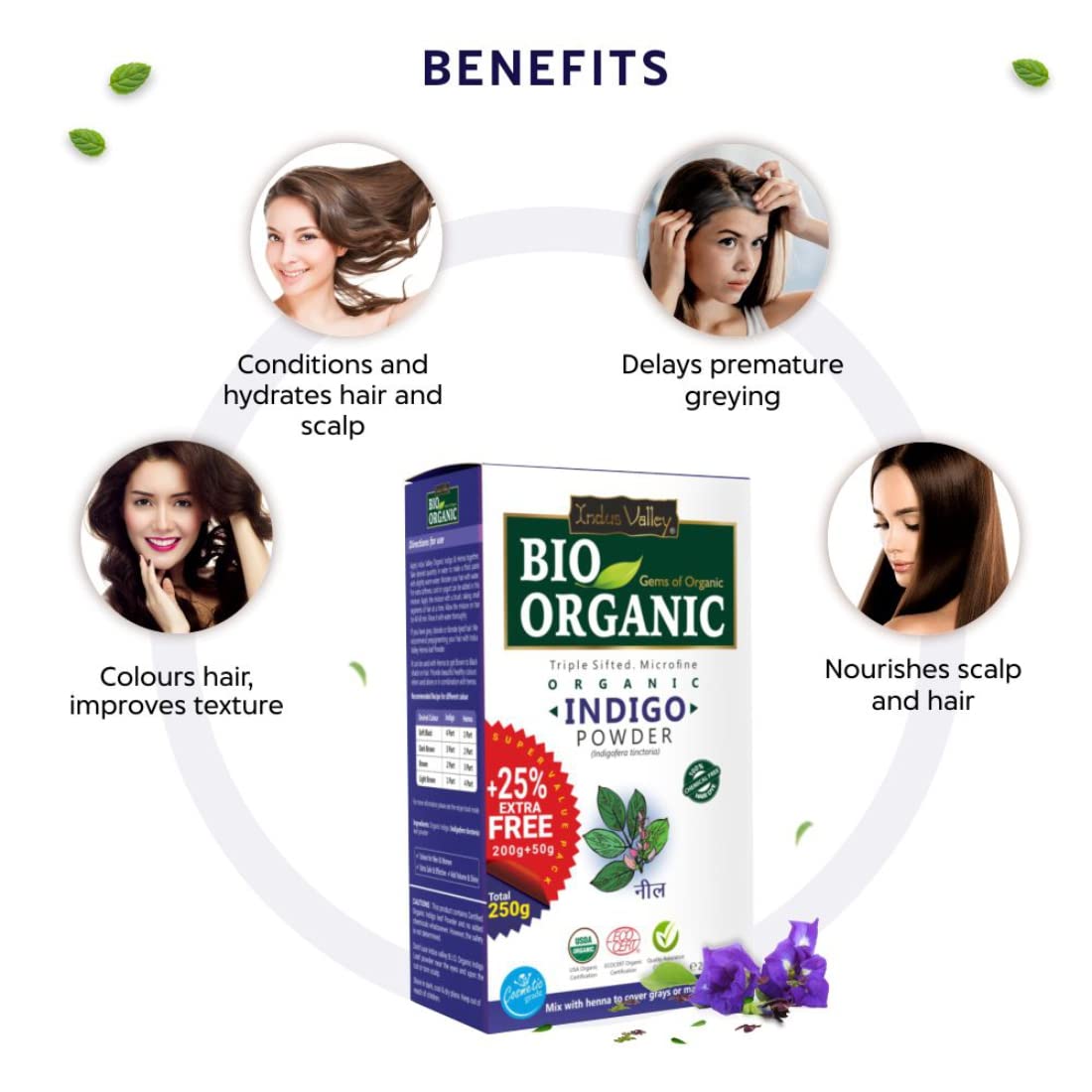 Indus Valley Bio Organic 100% Organic and Herbal Indigo Powder, for Natural Hair Coloring, Arrests Early Greying & Protects hair from Damage (200g+50g)