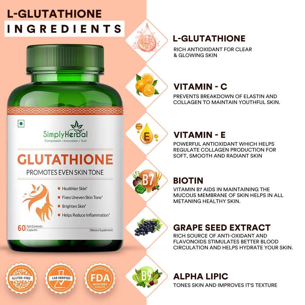 Simply Herbal L Glutathione 1000mg Capsules With Vitamin C & E for Immune Support, Healthy Radiant Skin Glowing, Antioxidant Support, Grape Seed Extract & Biotin - 60 Veg Capsules, 80 grams
